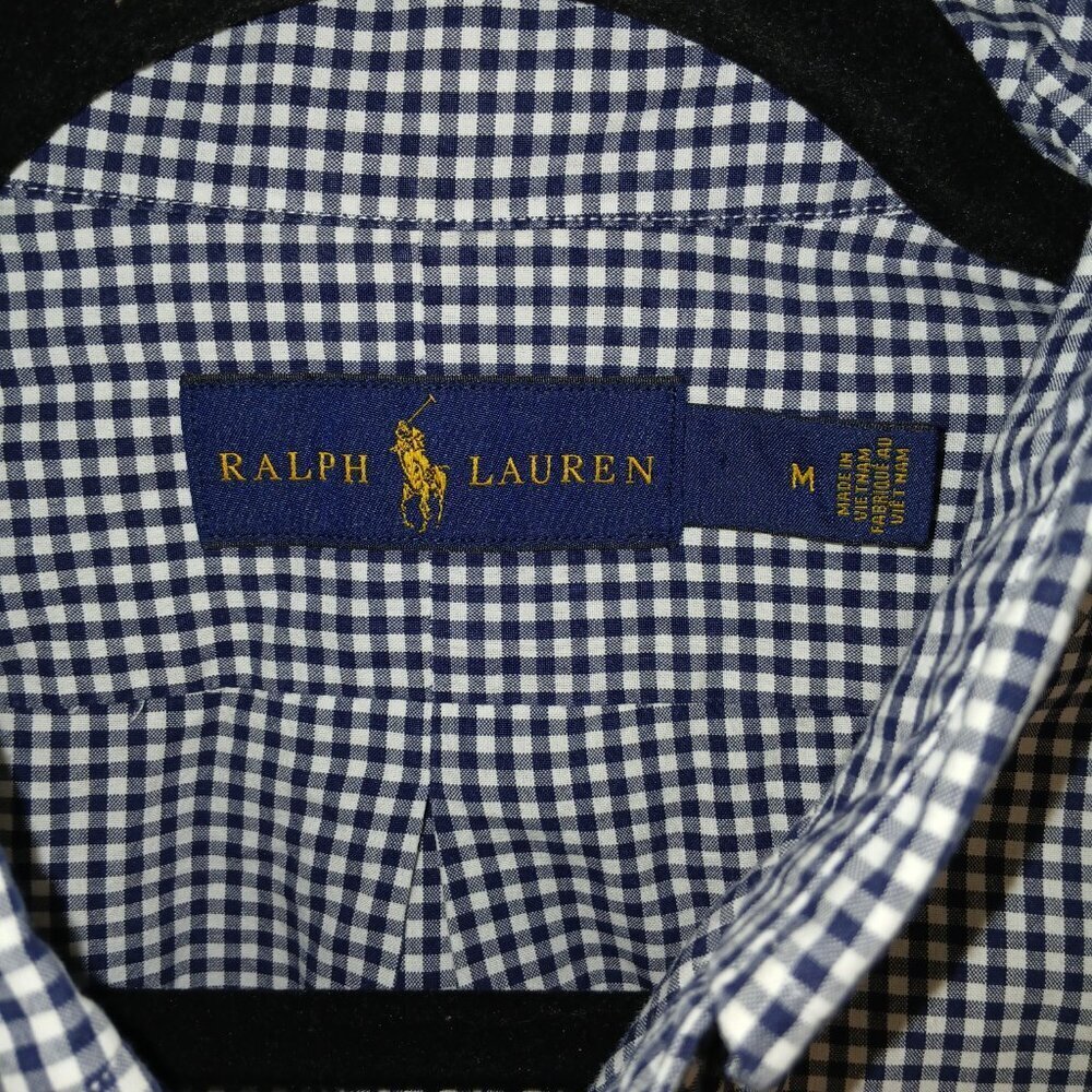 MENS RALPH LAUREN LONG SLEEVE BUTTON DOWN, NAVY AND WHITE CHECKED, SIZE MED - Picture 3 of 5